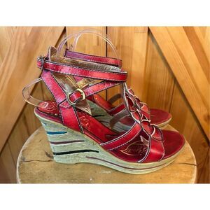ELITE by Corkys Wedge Sandals Leather Red Size 10